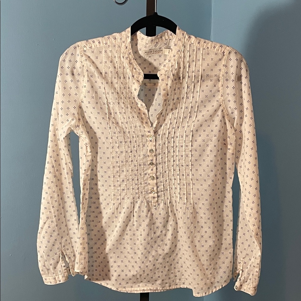 Roots Cream Button Front Shirt with Navy Cross Pattern